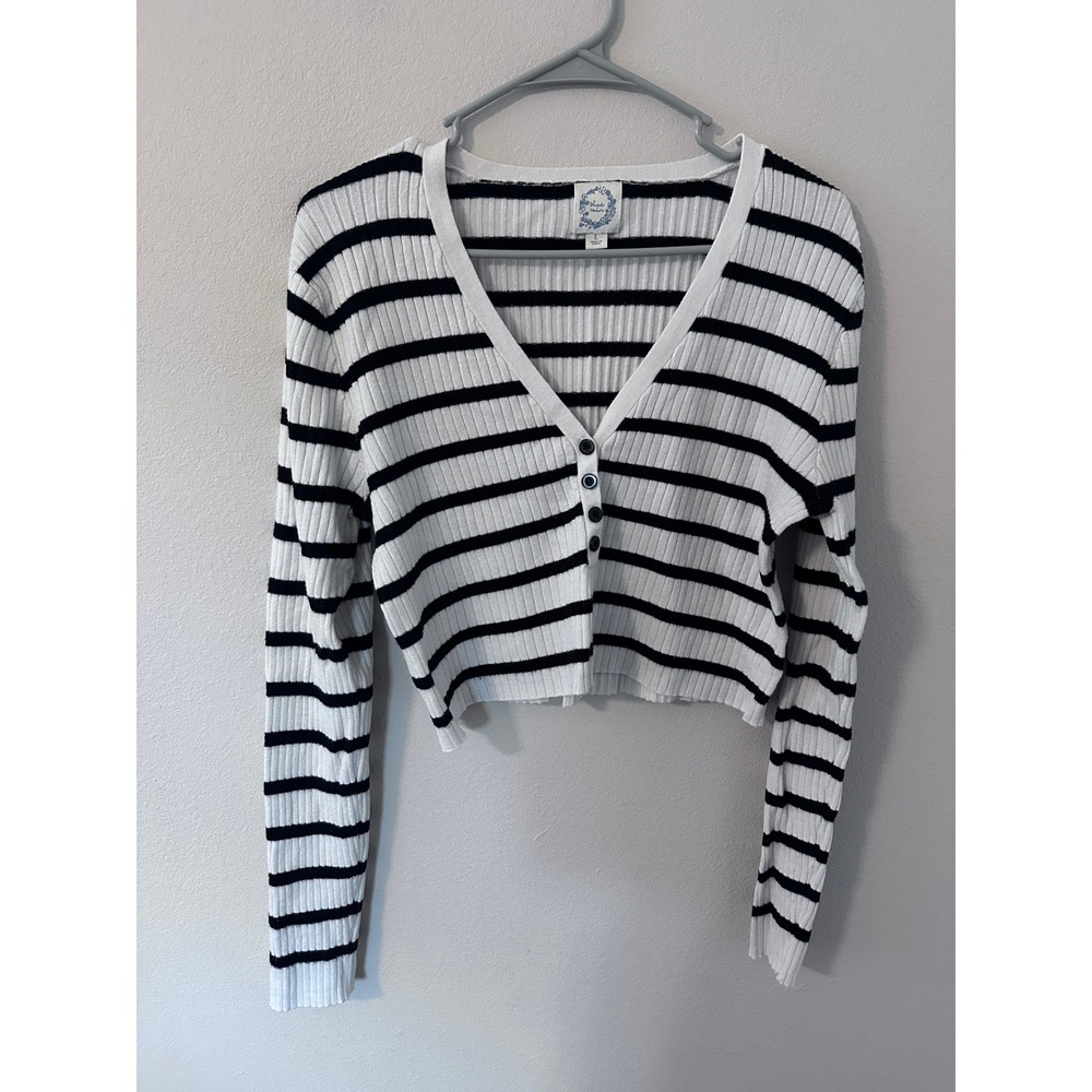 Francescas Striped Cropped Sweater L White Black Ribbed V-Neck preppy black